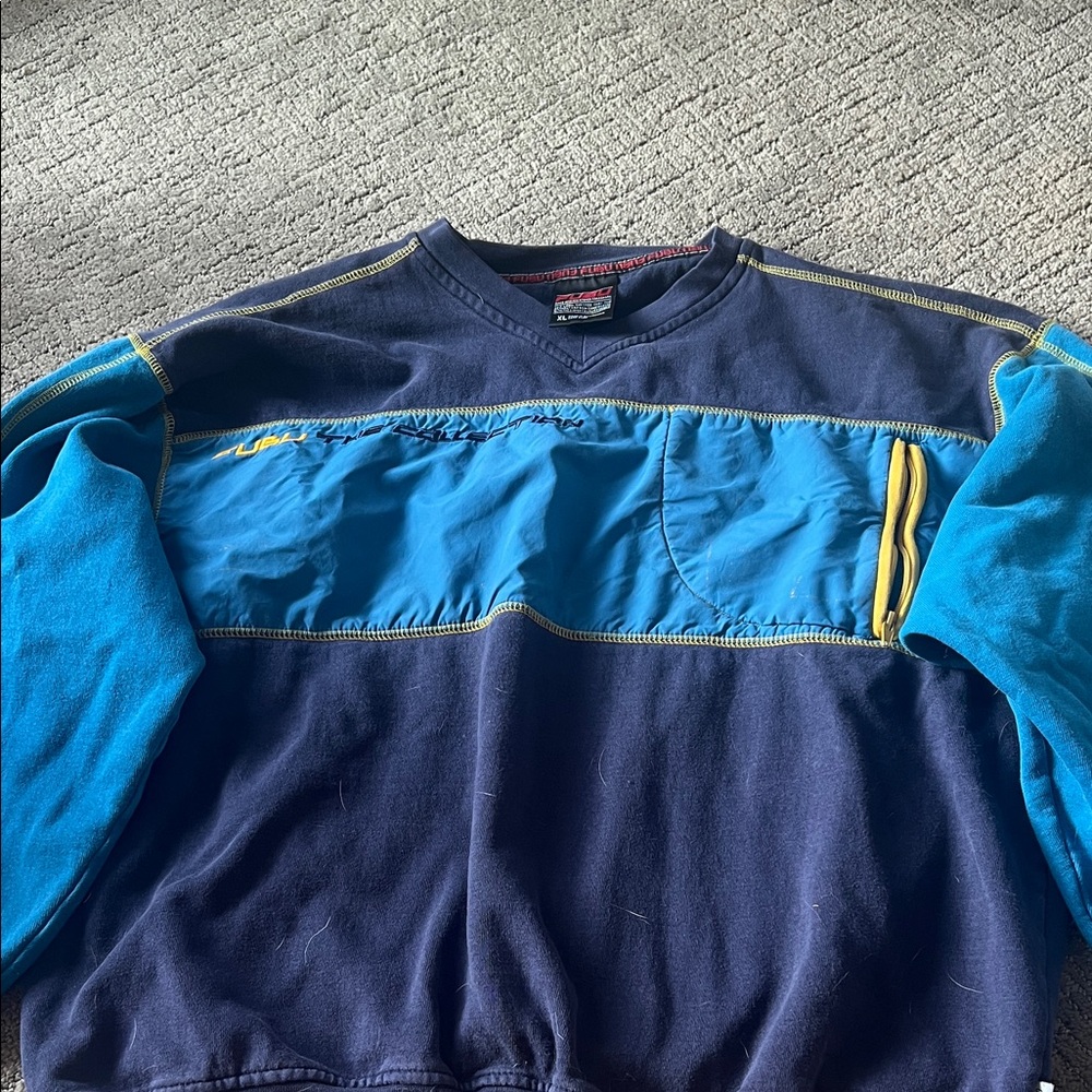FUBU Men's Navy and Teal Crewneck Sweater